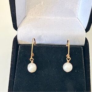 NEW 14k yellow gold white pearl earrings drop dangle leverback June birthstone